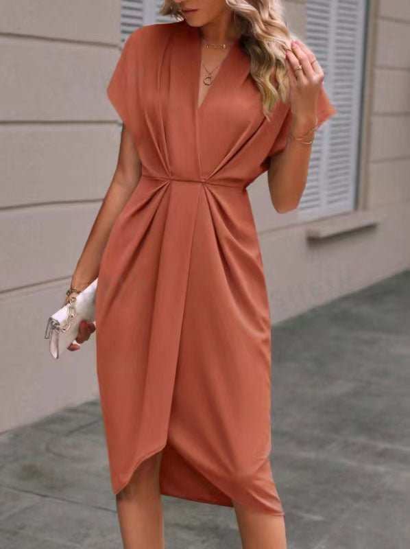 Summer Batwing Sleeve Dress Fashion V - neck Short Sleeve Pleated Dresses Womens Clothing - AMIR BAGS INDIA PRIVATE LIMITED