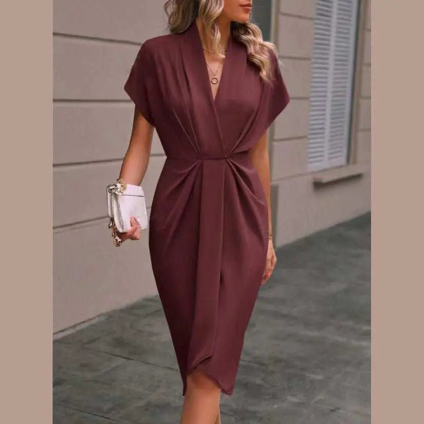 Summer Batwing Sleeve Dress Fashion V - neck Short Sleeve Pleated Dresses Womens Clothing - AMIR BAGS INDIA PRIVATE LIMITED