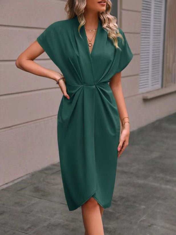 Summer Batwing Sleeve Dress Fashion V - neck Short Sleeve Pleated Dresses Womens Clothing - AMIR BAGS INDIA PRIVATE LIMITED