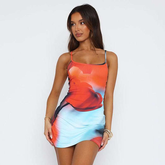 Summer Flowers Printed Suspender Dress Fashion Slim Square Neck Short Dresses Beach Clothing For Women - AMIR BAGS INDIA PRIVATE LIMITED