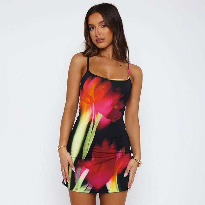 Summer Flowers Printed Suspender Dress Fashion Slim Square Neck Short Dresses Beach Clothing For Women - AMIR BAGS INDIA PRIVATE LIMITED