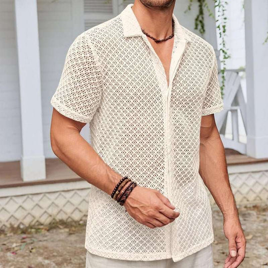 Summer Mesh Short Sleeve Shirt Fashion Solid Color Lapel Shirt Tops Beach Men Clothing - AMIR BAGS INDIA PRIVATE LIMITED
