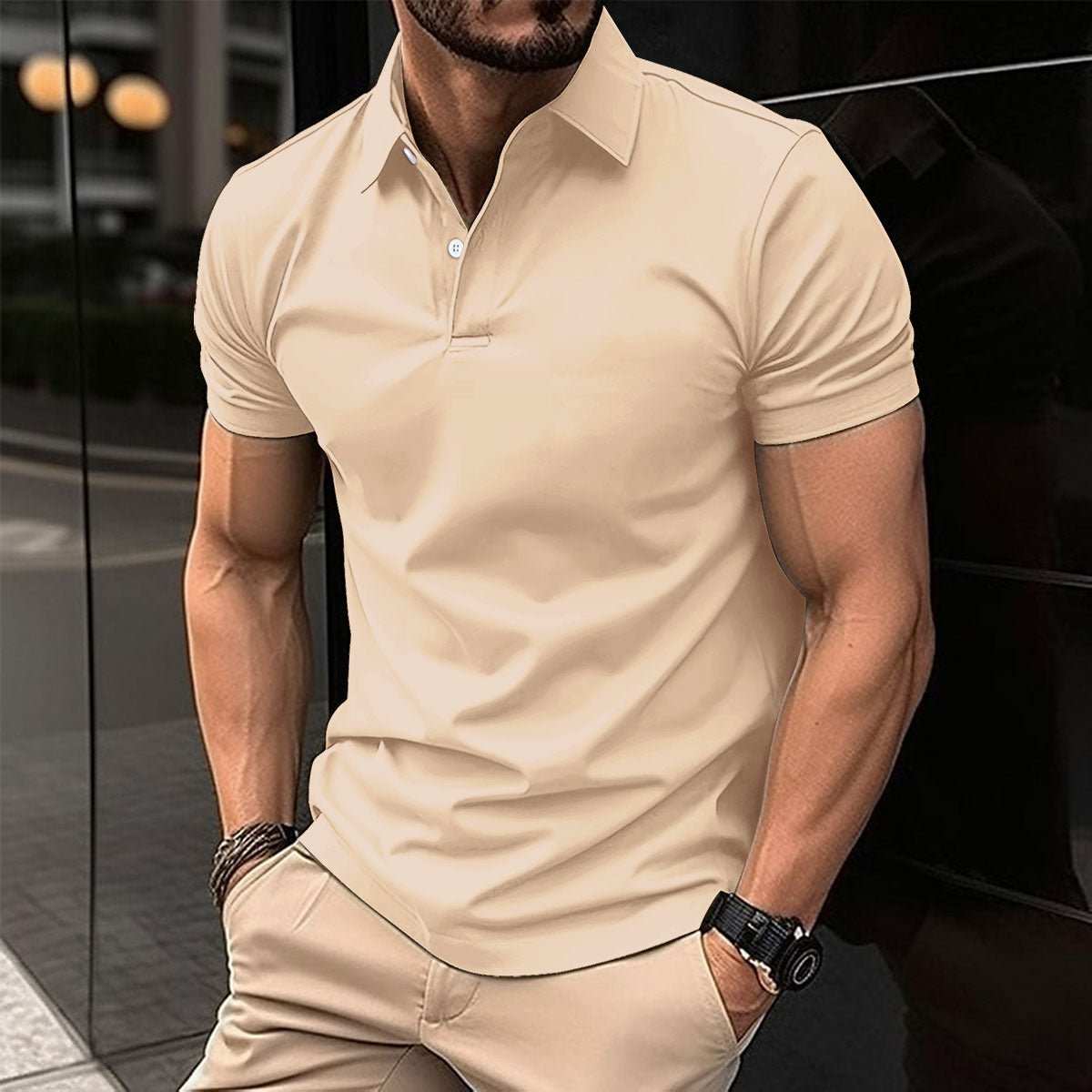 Summer Short Sleeve Polo Shirt Men Solid Color Button Lapel Button Top - AMIR BAGS INDIA PRIVATE LIMITED