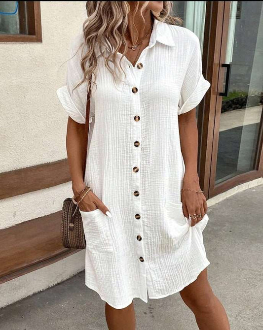 Summer Short Sleeve Shirt Dress Fashion Solid Color Single - breasted Mid - length Loose Dress - AMIR BAGS INDIA PRIVATE LIMITED