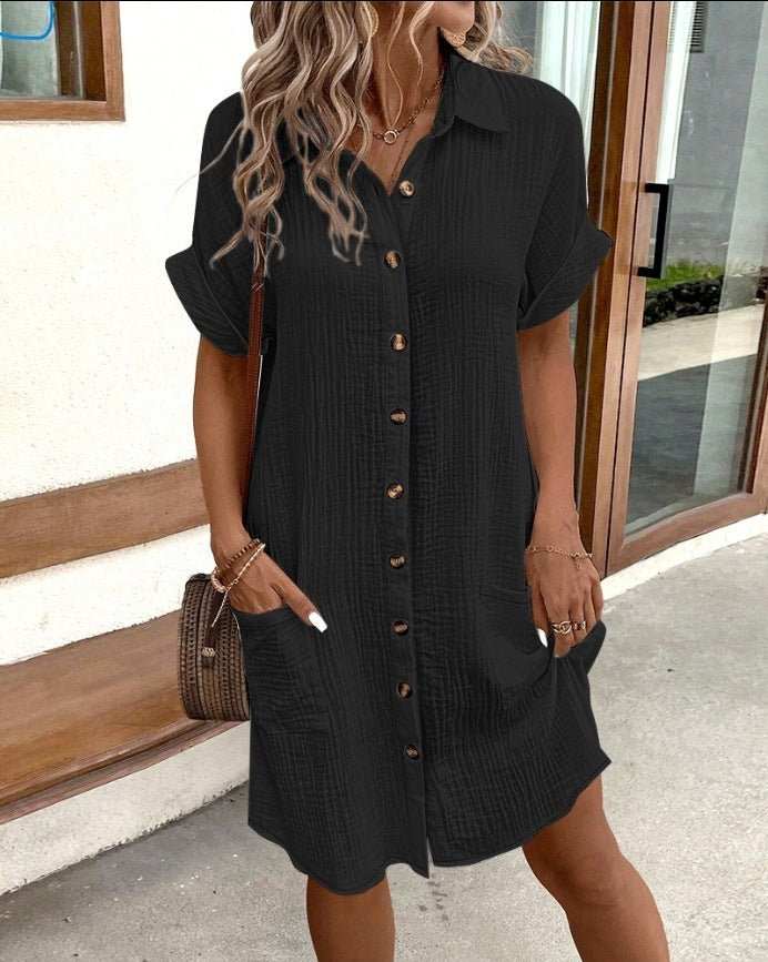 Summer Short Sleeve Shirt Dress Fashion Solid Color Single - breasted Mid - length Loose Dress - AMIR BAGS INDIA PRIVATE LIMITED
