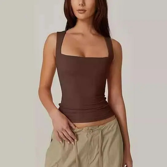 Summer Square - neck Tank Vest Ins Fashion Slim Solid Sleeveless Tops For Women Clothing - AMIR BAGS INDIA PRIVATE LIMITED