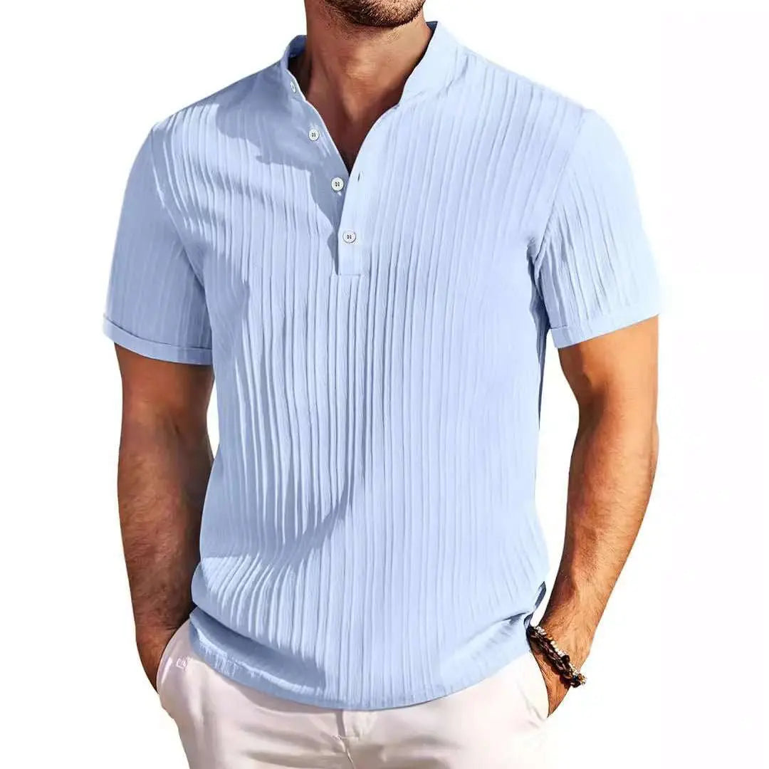 Summer Stand Collar Buttons Short Sleeve T-shirt Solid Color Stripe POLO Shirt Fashion Casual Beach Clothing For Men - AMIR BAGS INDIA PRIVATE LIMITED