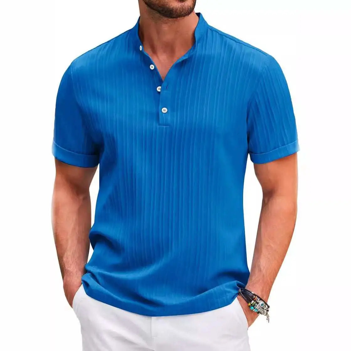 Summer Stand Collar Buttons Short Sleeve T-shirt Solid Color Stripe POLO Shirt Fashion Casual Beach Clothing For Men - AMIR BAGS INDIA PRIVATE LIMITED