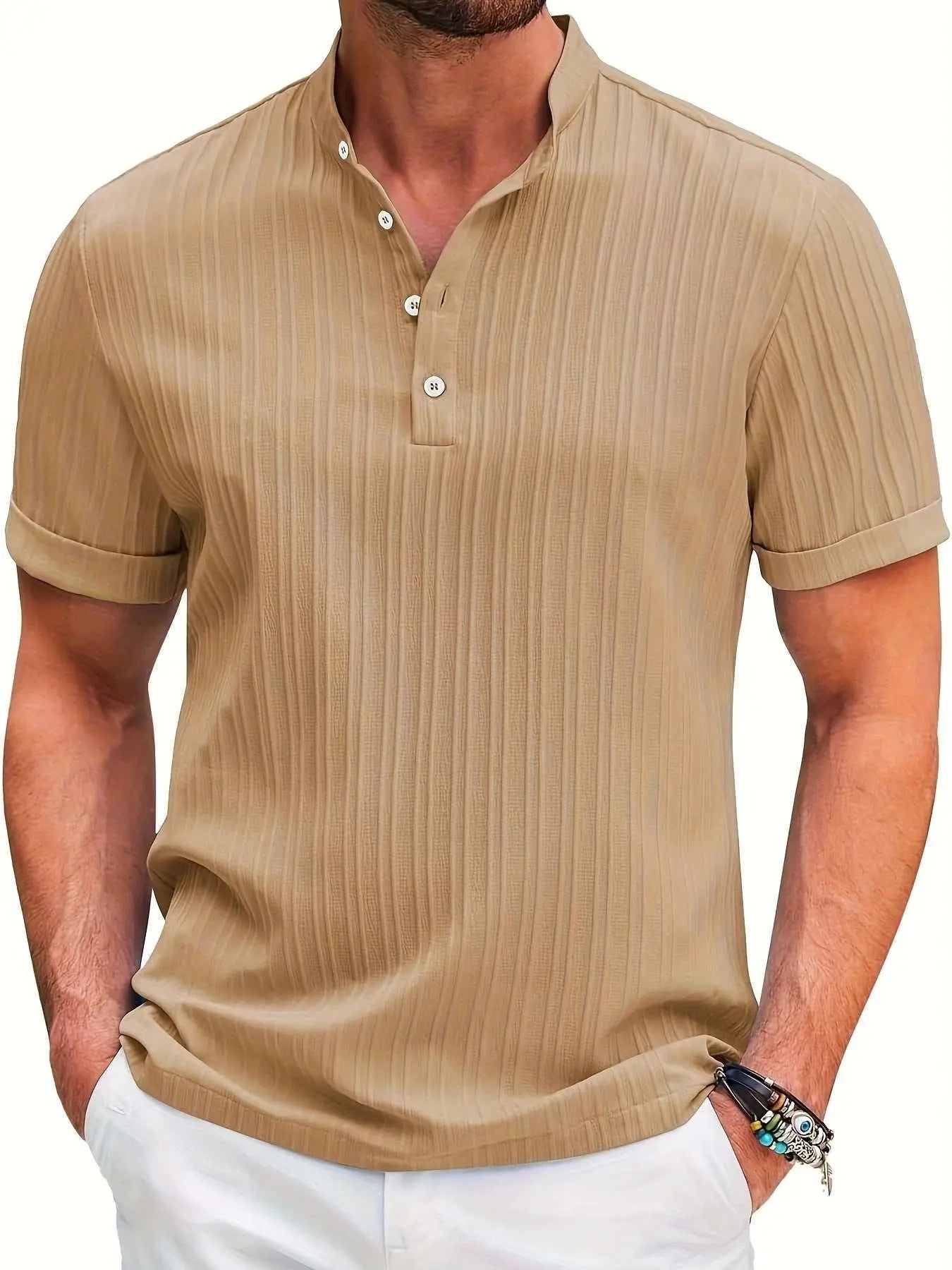 Summer Stand Collar Buttons Short Sleeve T-shirt Solid Color Stripe POLO Shirt Fashion Casual Beach Clothing For Men - AMIR BAGS INDIA PRIVATE LIMITED