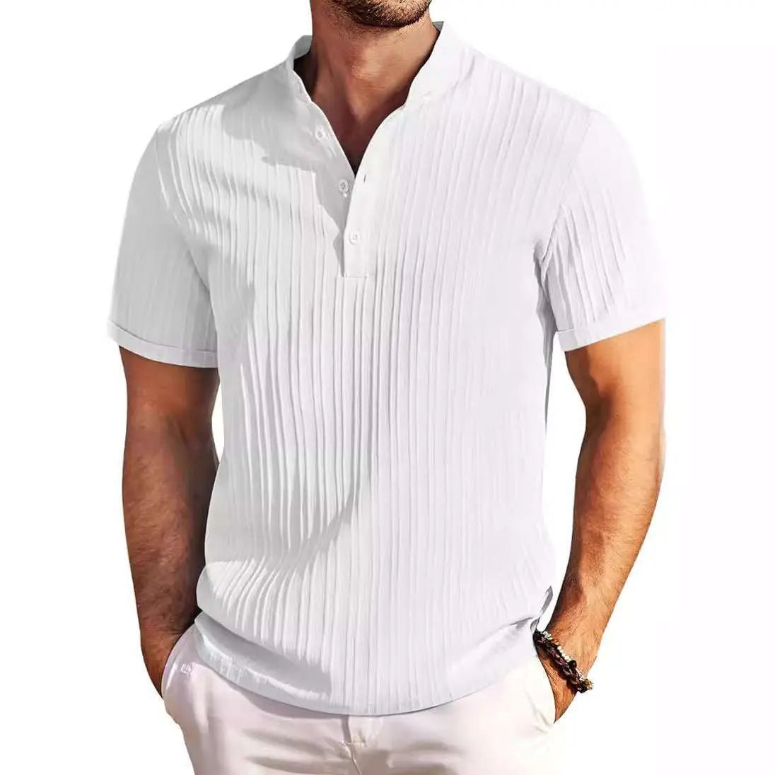 Summer Stand Collar Buttons Short Sleeve T-shirt Solid Color Stripe POLO Shirt Fashion Casual Beach Clothing For Men - AMIR BAGS INDIA PRIVATE LIMITED