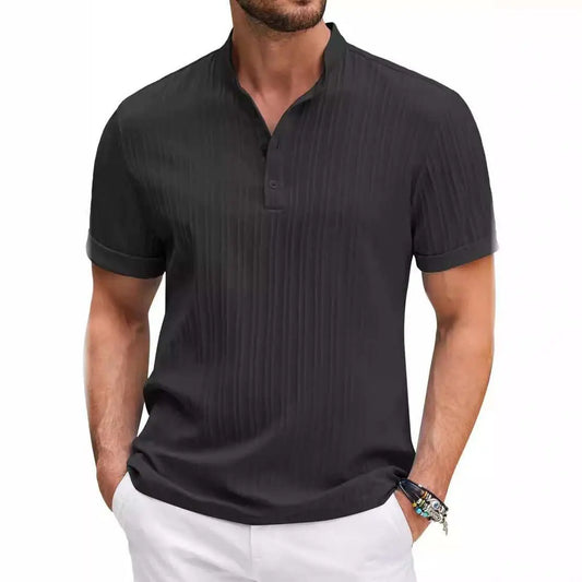 Summer Stand Collar Buttons Short Sleeve T-shirt Solid Color Stripe POLO Shirt Fashion Casual Beach Clothing For Men - AMIR BAGS INDIA PRIVATE LIMITED