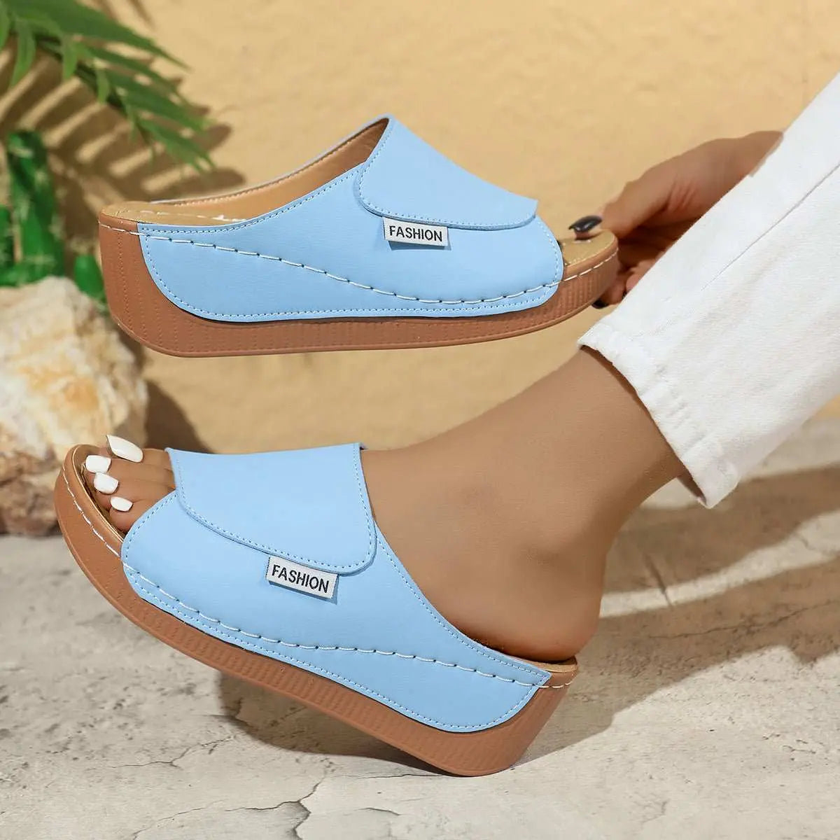 Summer Wedge Slides Slippers Fashion Fish Mouth Thick Bottom Roman Shoes Solid Color Beach Sandals For Women - AMIR BAGS INDIA PRIVATE LIMITED