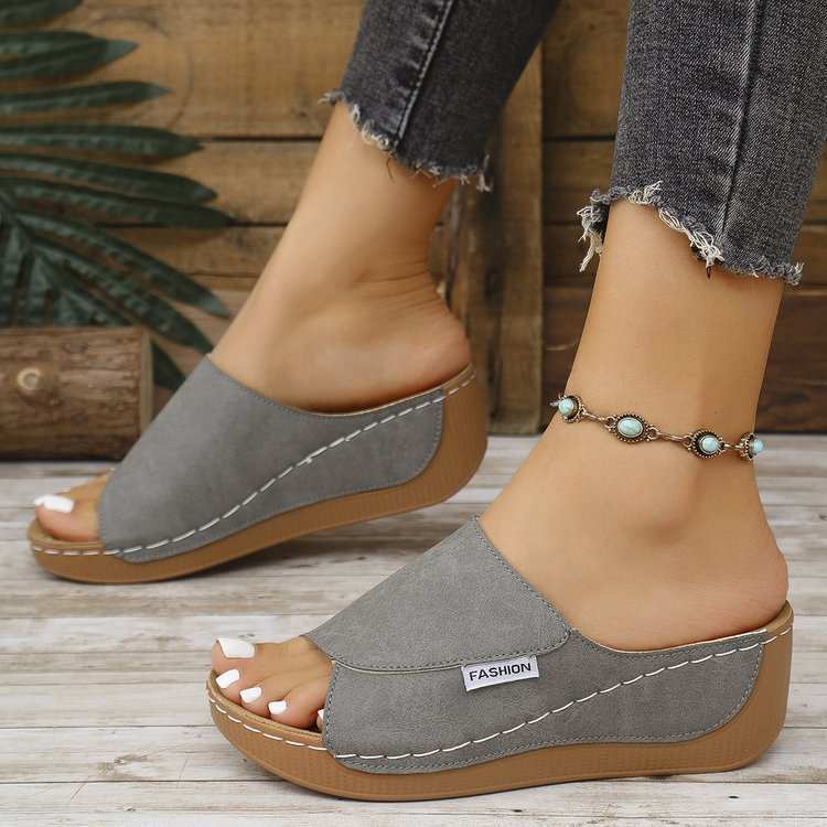 Summer Wedge Slides Slippers Fashion Fish Mouth Thick Bottom Roman Shoes Solid Color Beach Sandals For Women - AMIR BAGS INDIA PRIVATE LIMITED