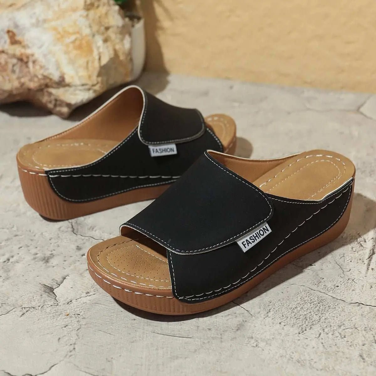 Summer Wedge Slides Slippers Fashion Fish Mouth Thick Bottom Roman Shoes Solid Color Beach Sandals For Women - AMIR BAGS INDIA PRIVATE LIMITED