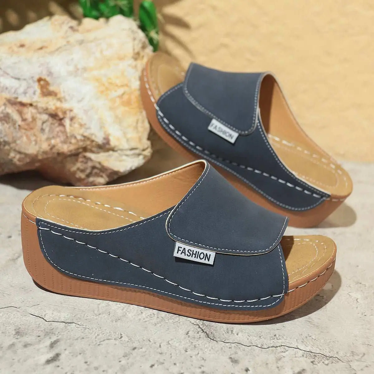 Summer Wedge Slides Slippers Fashion Fish Mouth Thick Bottom Roman Shoes Solid Color Beach Sandals For Women - AMIR BAGS INDIA PRIVATE LIMITED