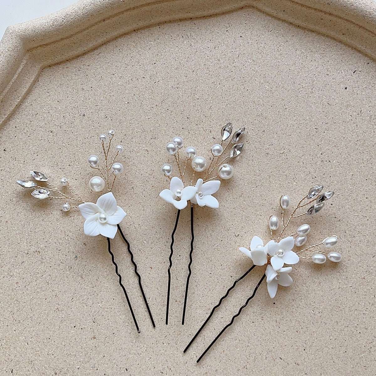 Three Sets Of White Flower U Shaped Hairpins - AMIR BAGS INDIA PRIVATE LIMITED