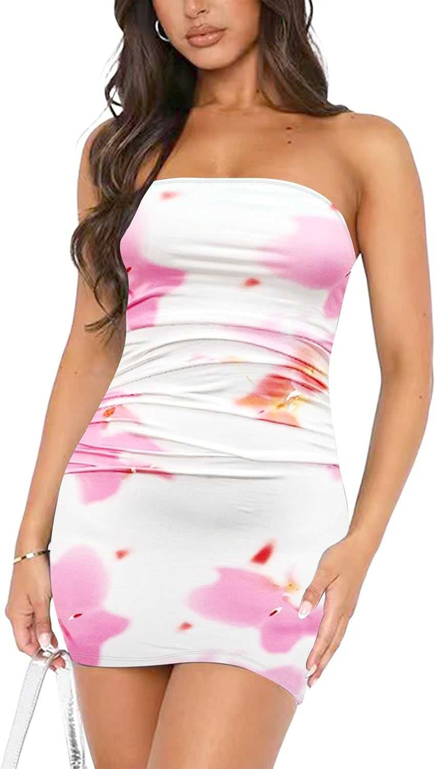 Tube Top Printed Pleated Pullover Hip Wrap Short Dress - AMIR BAGS INDIA PRIVATE LIMITED