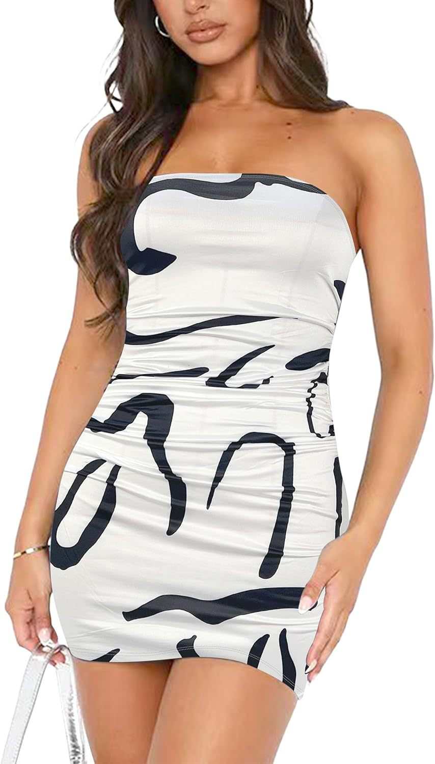 Tube Top Printed Pleated Pullover Hip Wrap Short Dress - AMIR BAGS INDIA PRIVATE LIMITED