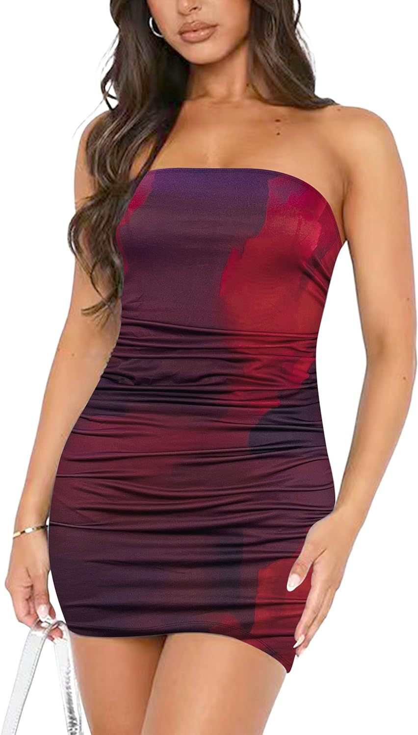 Tube Top Printed Pleated Pullover Hip Wrap Short Dress - AMIR BAGS INDIA PRIVATE LIMITED