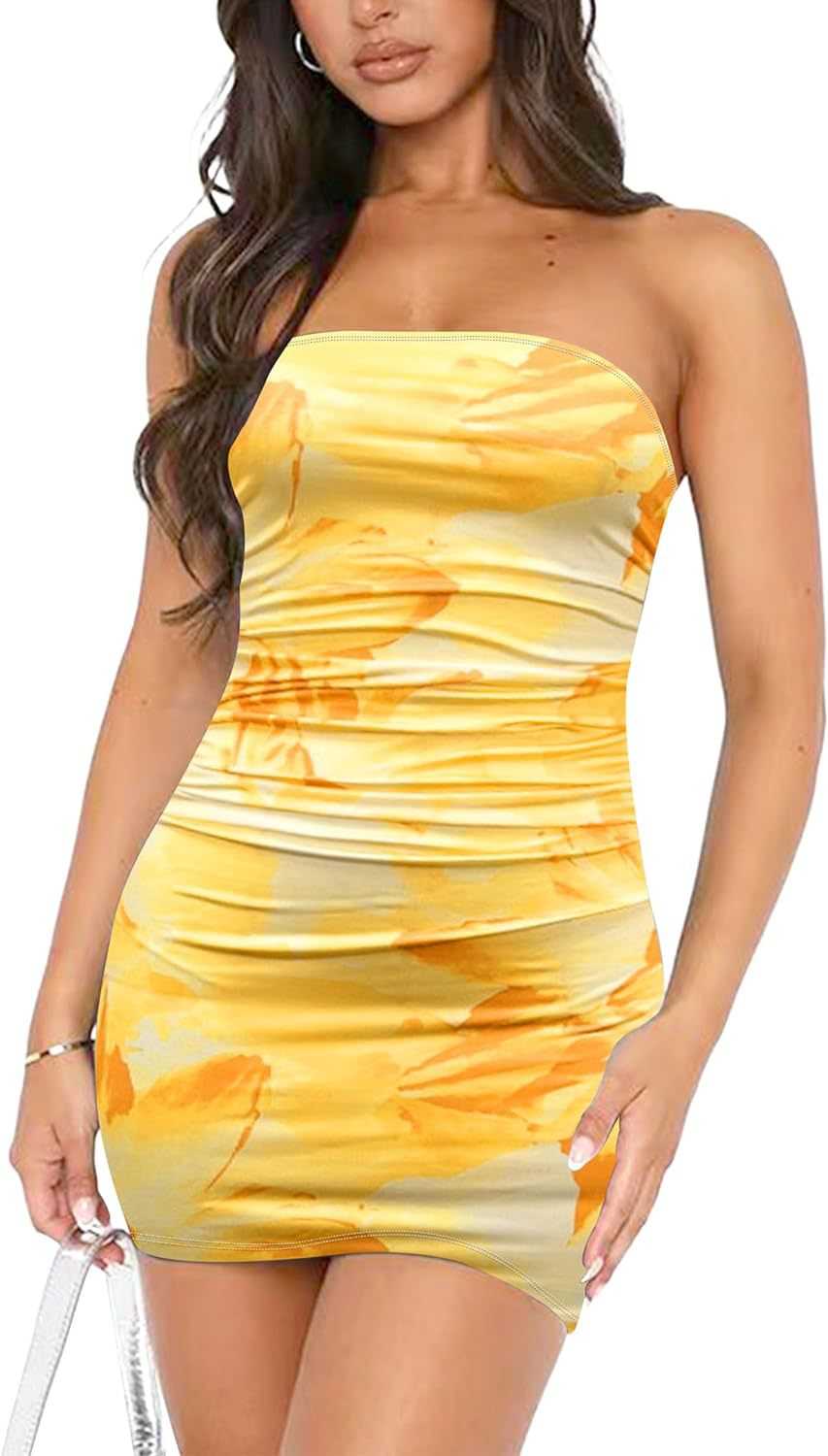 Tube Top Printed Pleated Pullover Hip Wrap Short Dress - AMIR BAGS INDIA PRIVATE LIMITED
