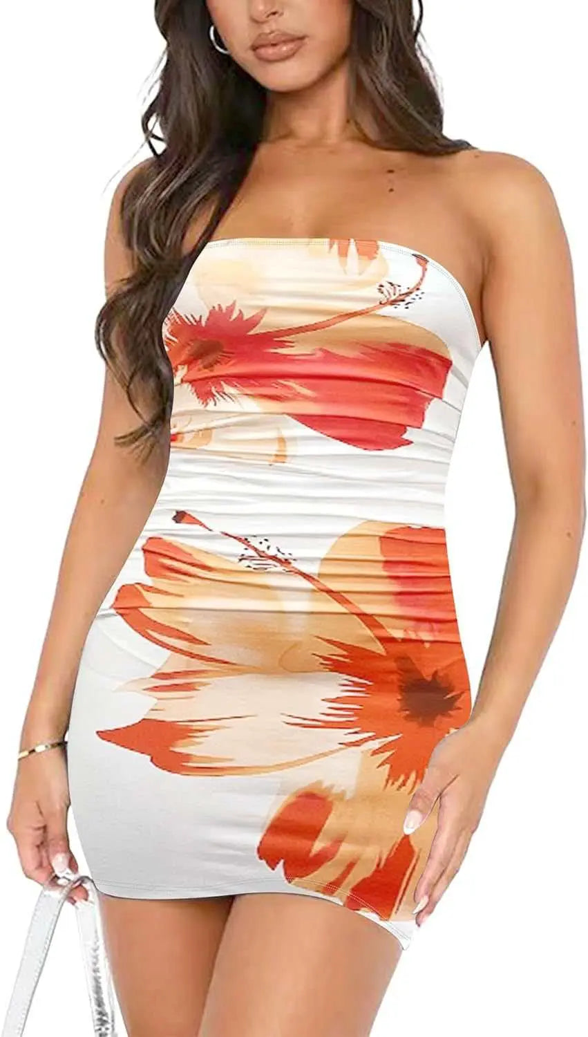 Tube Top Printed Pleated Pullover Hip Wrap Short Dress - AMIR BAGS INDIA PRIVATE LIMITED