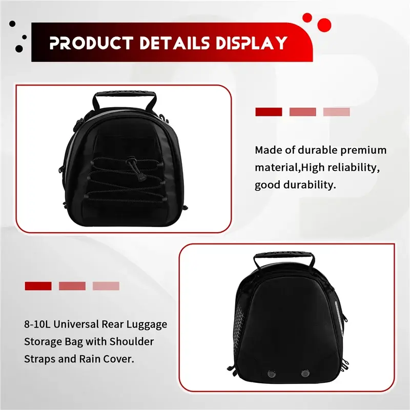 Universal Motorcycle Tail Bag Expandable 8 - 10L Universal Rear Luggage Storage Bag With Shoulder Straps And Rain Cover - AMIR BAGS INDIA PRIVATE LIMITED