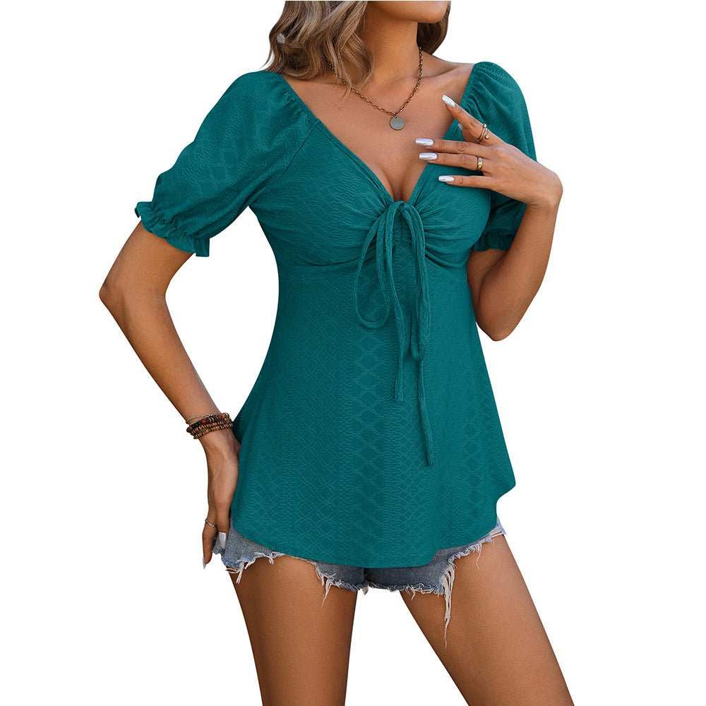 V - neck Drawstring Design Short - sleeved Top Summer Solid Color T-shirt Womens Clothing - AMIR BAGS INDIA PRIVATE LIMITED