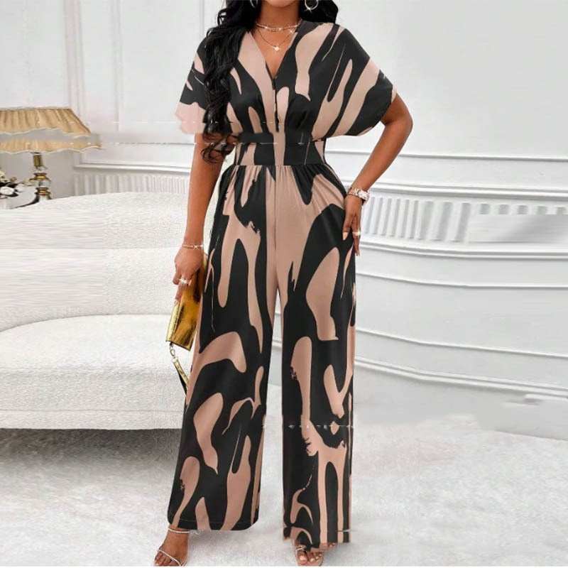 V - neck Loose Printed Long Jumpsuit - AMIR BAGS INDIA PRIVATE LIMITED