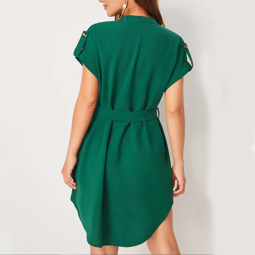 V - neck Short Sleeve Dress With Belt Summer Fashion Bowknot Dresses For Women Clothing - AMIR BAGS INDIA PRIVATE LIMITED