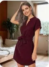 V - neck Short Sleeve Dress With Belt Summer Fashion Bowknot Dresses For Women Clothing - AMIR BAGS INDIA PRIVATE LIMITED