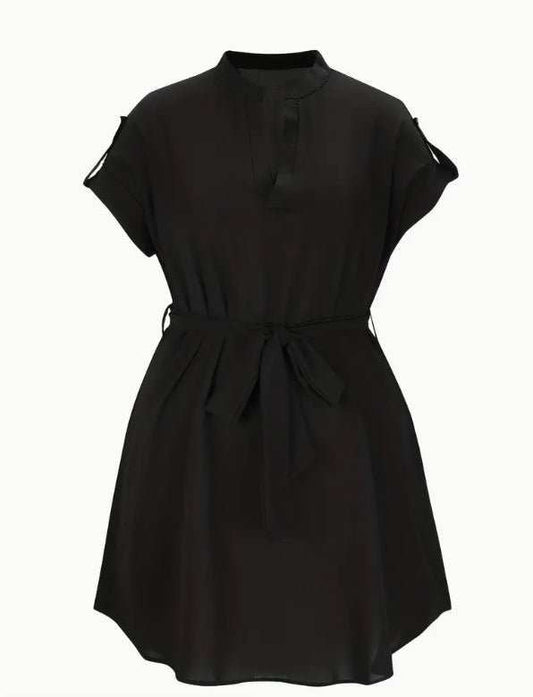 V - neck Short Sleeve Dress With Belt Summer Fashion Bowknot Dresses For Women Clothing - AMIR BAGS INDIA PRIVATE LIMITED