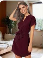 V - neck Short Sleeve Dress With Belt Summer Fashion Bowknot Dresses For Women Clothing - AMIR BAGS INDIA PRIVATE LIMITED