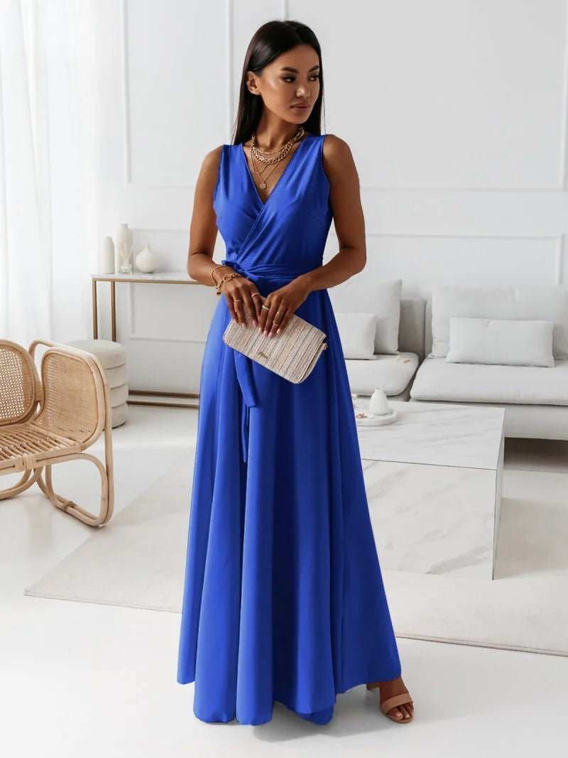 V - neck Sleeveless Dress With Belt Summer Fashion Party Club Evening Maxi Dresses For Women Clothing - AMIR BAGS INDIA PRIVATE LIMITED