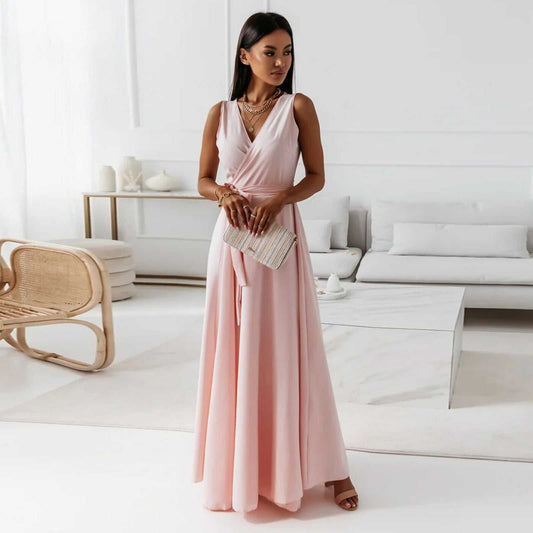 V - neck Sleeveless Dress With Belt Summer Fashion Party Club Evening Maxi Dresses For Women Clothing - AMIR BAGS INDIA PRIVATE LIMITED