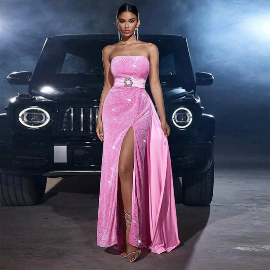 Velvet Sequined Cinched Waist Slim - fit Tube Top Banquet Dress - AMIR BAGS INDIA PRIVATE LIMITED