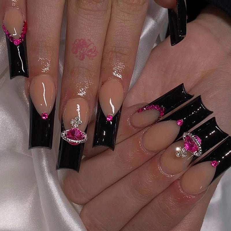 Wear Armor French Black Edge Nail Shaped Piece Queen Mother Rose Rhinestone Fake Nails - AMIR BAGS INDIA PRIVATE LIMITED