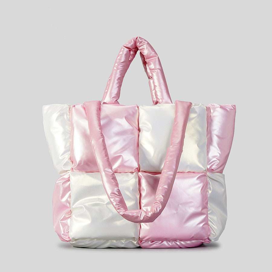 Women Handbags Winter Color Matching Down Cotton - padded Coat Tote Bag Soft Plaid Shoulder Bags - AMIR BAGS INDIA PRIVATE LIMITED