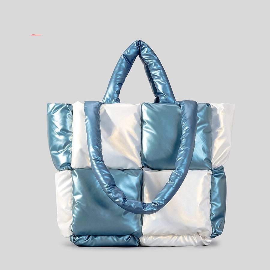 Women Handbags Winter Color Matching Down Cotton - padded Coat Tote Bag Soft Plaid Shoulder Bags - AMIR BAGS INDIA PRIVATE LIMITED
