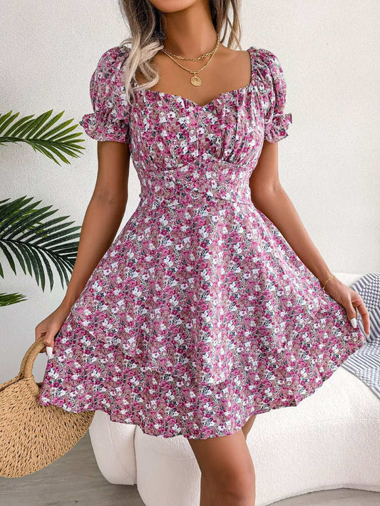 Women Mini Dress Temperament Big Swing Loose Hem Flower Print Shirring Dress Up Short Sleeves High Waist Summer Dress Clothes - AMIR BAGS INDIA PRIVATE LIMITED