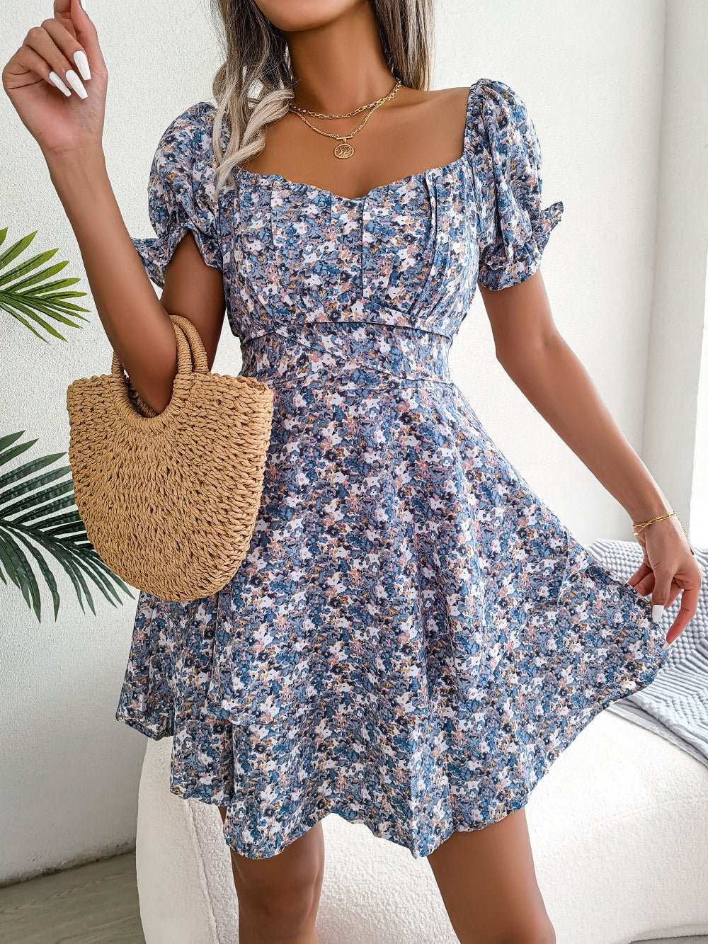 Women Mini Dress Temperament Big Swing Loose Hem Flower Print Shirring Dress Up Short Sleeves High Waist Summer Dress Clothes - AMIR BAGS INDIA PRIVATE LIMITED