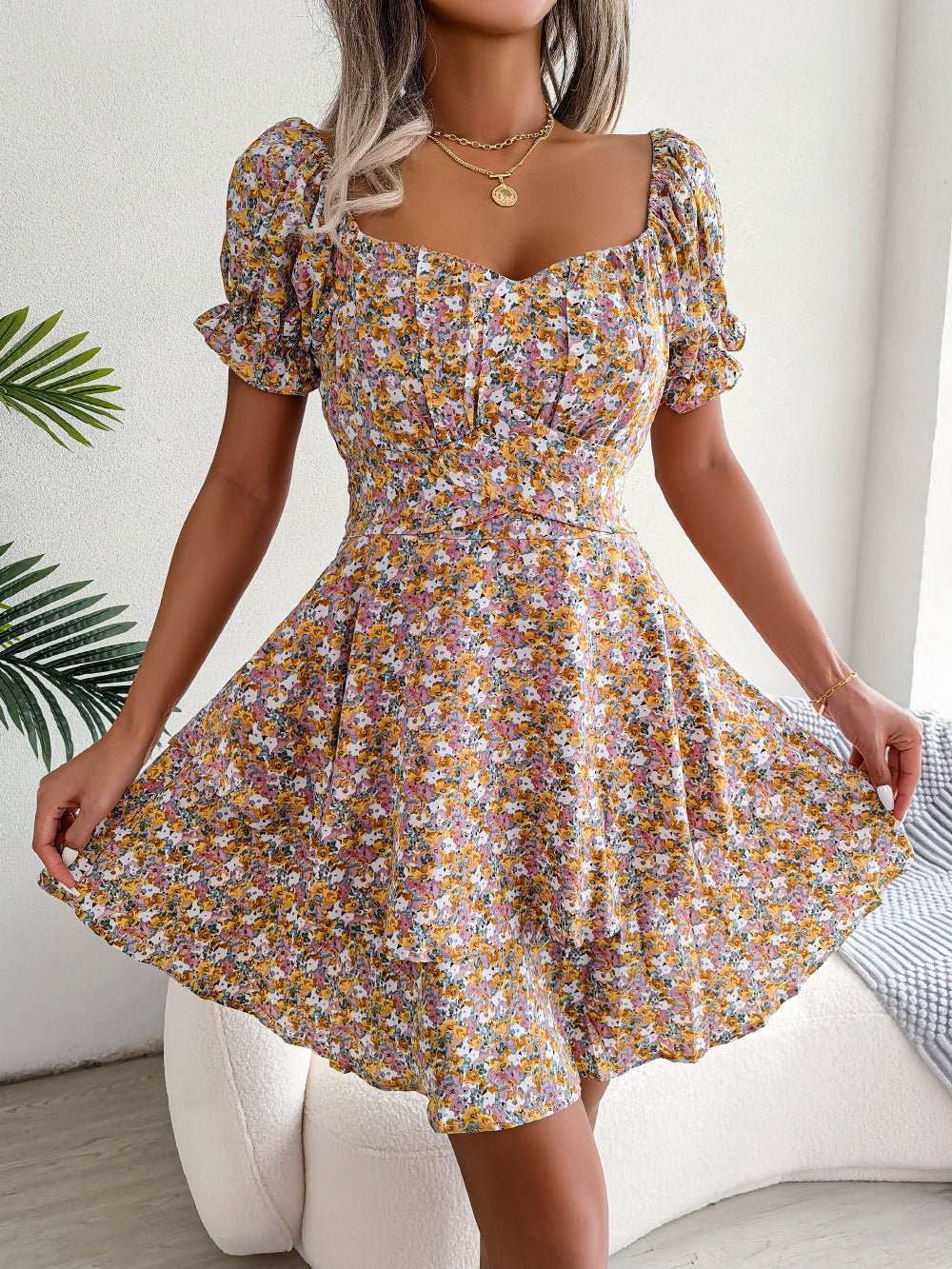 Women Mini Dress Temperament Big Swing Loose Hem Flower Print Shirring Dress Up Short Sleeves High Waist Summer Dress Clothes - AMIR BAGS INDIA PRIVATE LIMITED