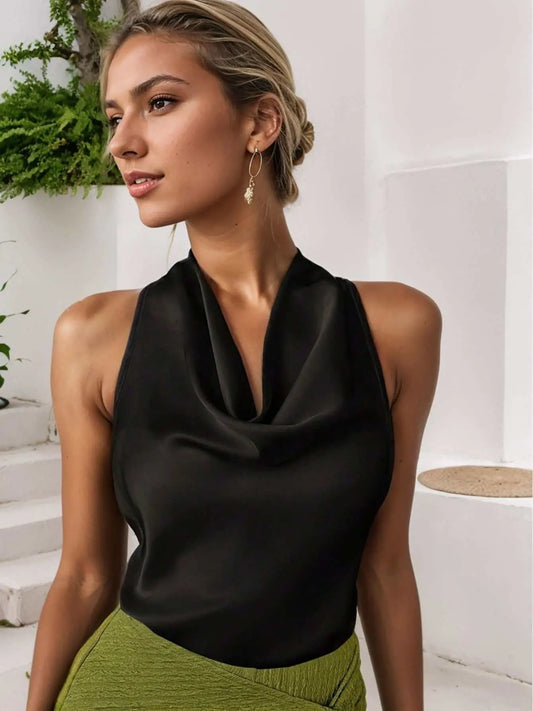 Women Solid Color Swing Collar Sleeveless Vest Trendy Elegant Shirt With Halter Neckline Backless Short Sleeve Tops Tshirts - AMIR BAGS INDIA PRIVATE LIMITED