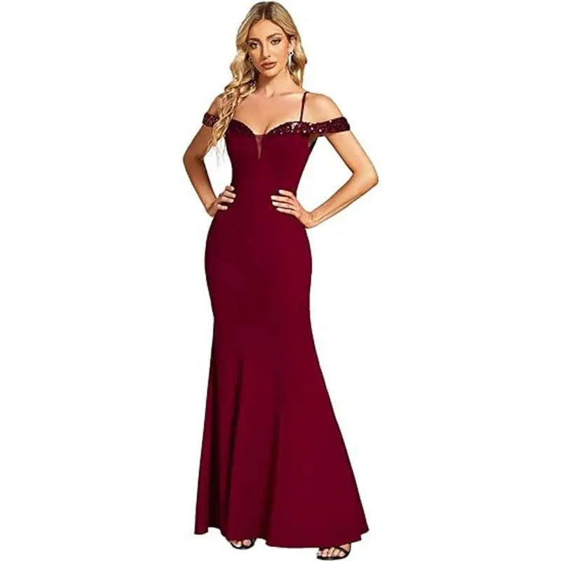 Women's Clothing Off - neck Sling Evening Long Dress - AMIR BAGS INDIA PRIVATE LIMITED