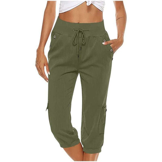 Women's Cropped Pants Cotton Linen Cargo Pocket Casual Pants - AMIR BAGS INDIA PRIVATE LIMITED