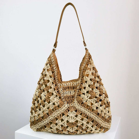 Women's Fashion Handmade Straw Woven Hollow Contrast Color Weave Shoulder Bag - AMIR BAGS INDIA PRIVATE LIMITED