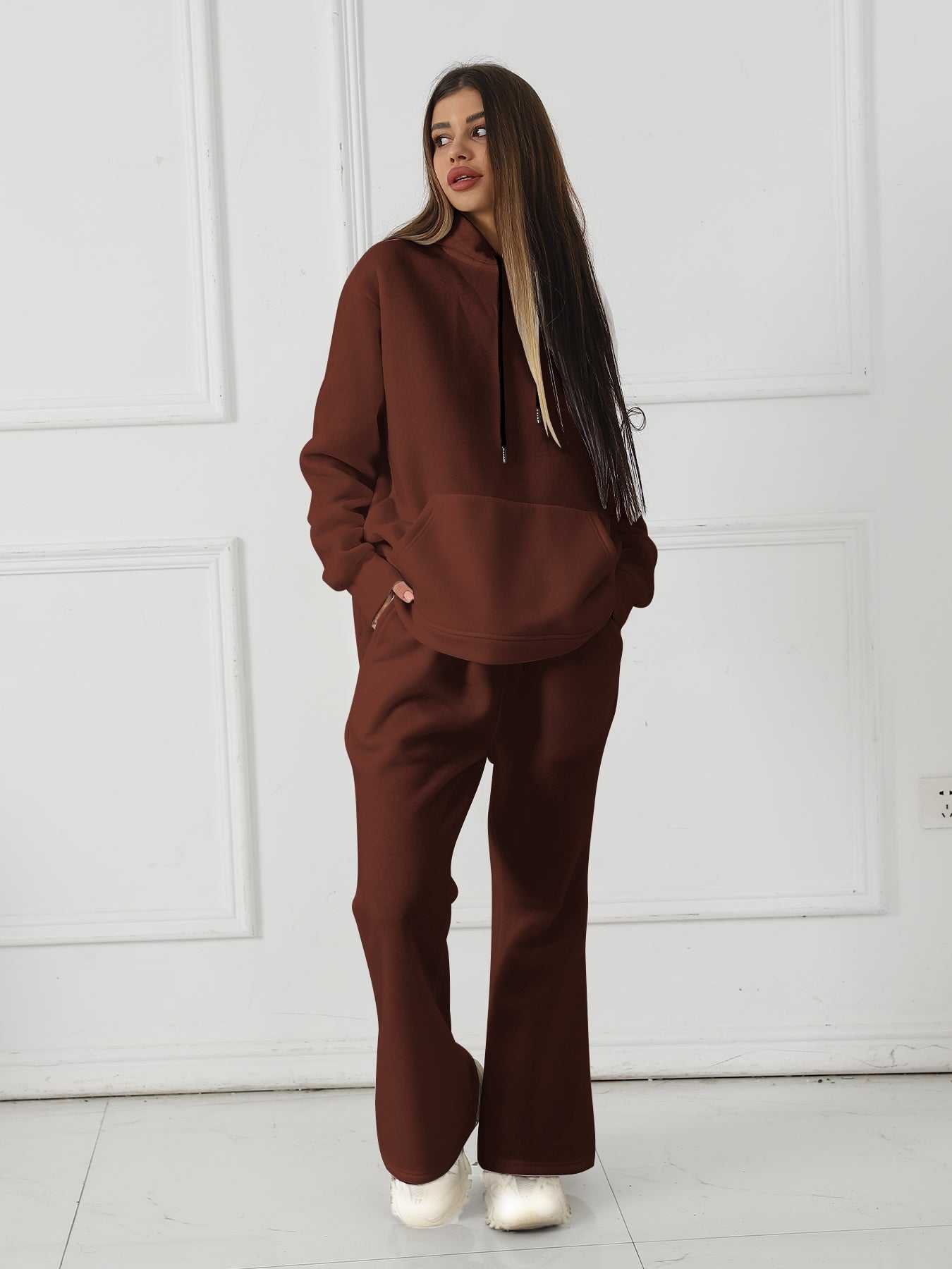 Women's Fashionable Casual Solid Color Long Sleeved Sweatshirt Set - AMIR BAGS INDIA PRIVATE LIMITED