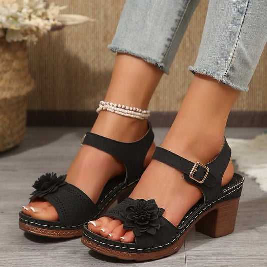 Women's Flowers Chunky Heel Sandals Summer Plus Size Platform Shoes - AMIR BAGS INDIA PRIVATE LIMITED