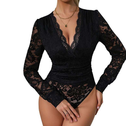 Women's Lace Up Long Sleeve Bodysuit Romper Sexy Deep V Neck Snap Croth Leotard Tee Top For Women - AMIR BAGS INDIA PRIVATE LIMITED