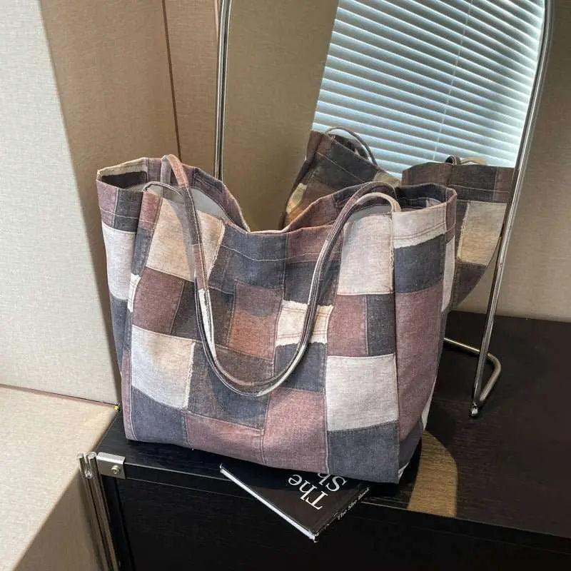Women's Large Capacity Denim Color - contrast Check Idle Style Shoulder Commute Leisure Handbag Versatile Tote Bag - AMIR BAGS INDIA PRIVATE LIMITED