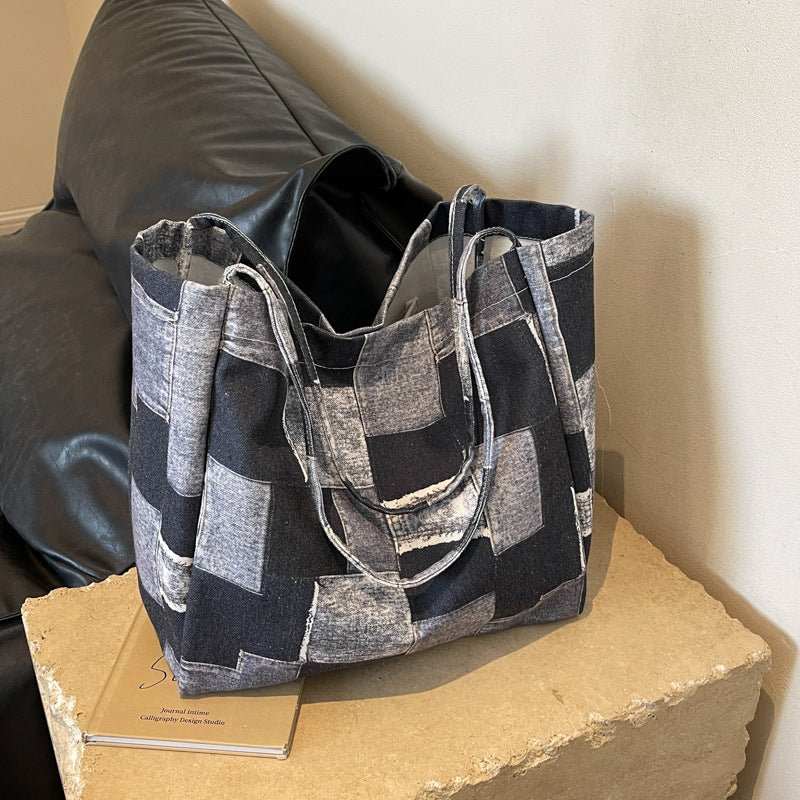 Women's Large Capacity Denim Color - contrast Check Idle Style Shoulder Commute Leisure Handbag Versatile Tote Bag - AMIR BAGS INDIA PRIVATE LIMITED